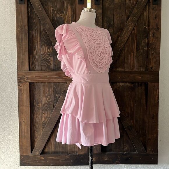 SWEET TALKIN' HALTER Flutter Sleeve Crochet Lace Overlay Romper Dress Waist Tie - Picture 4 of 16